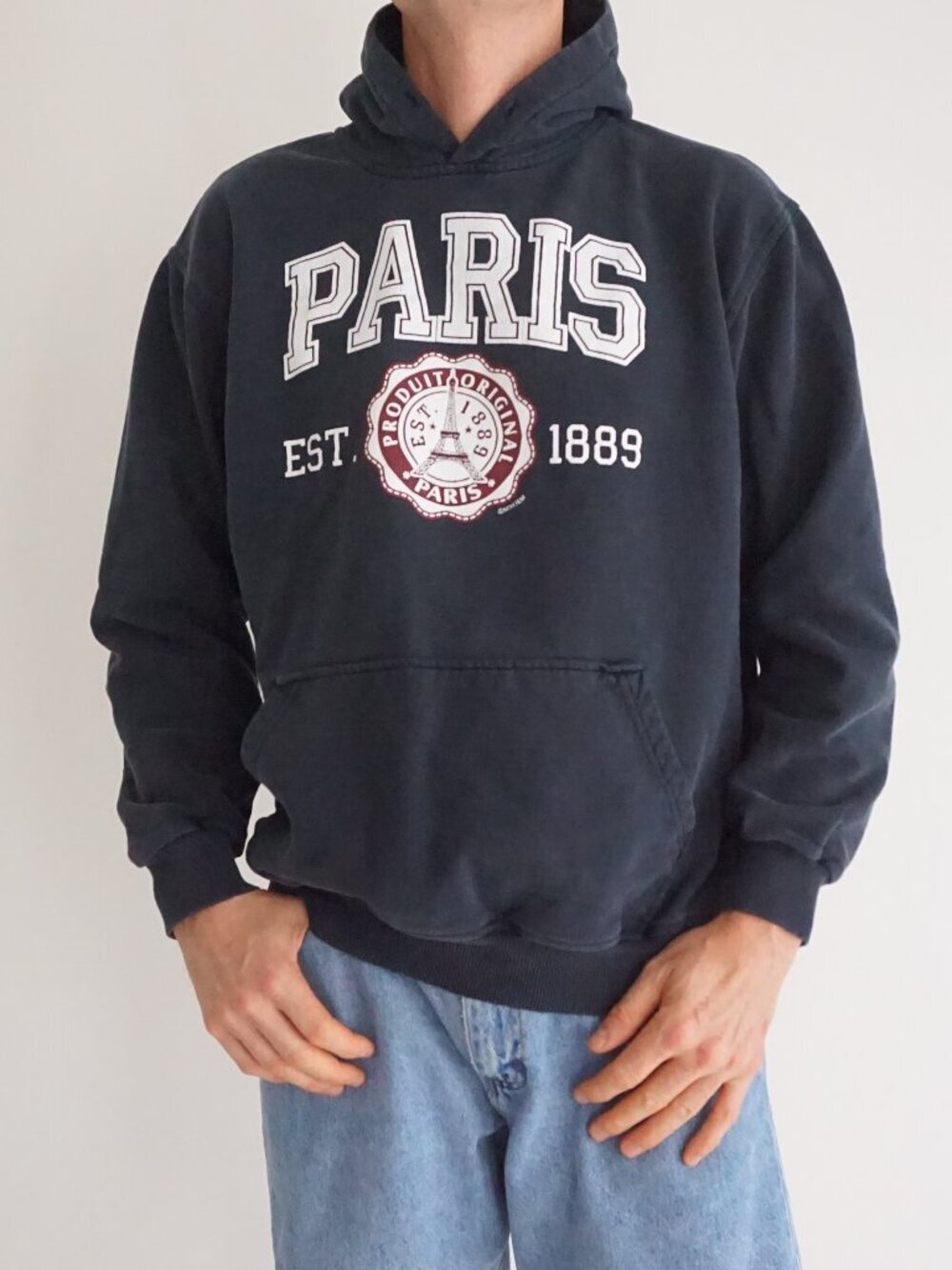Paris Navy White Eiffel Tower France Tourist Spellout Travel Souvenir Hoodie XL